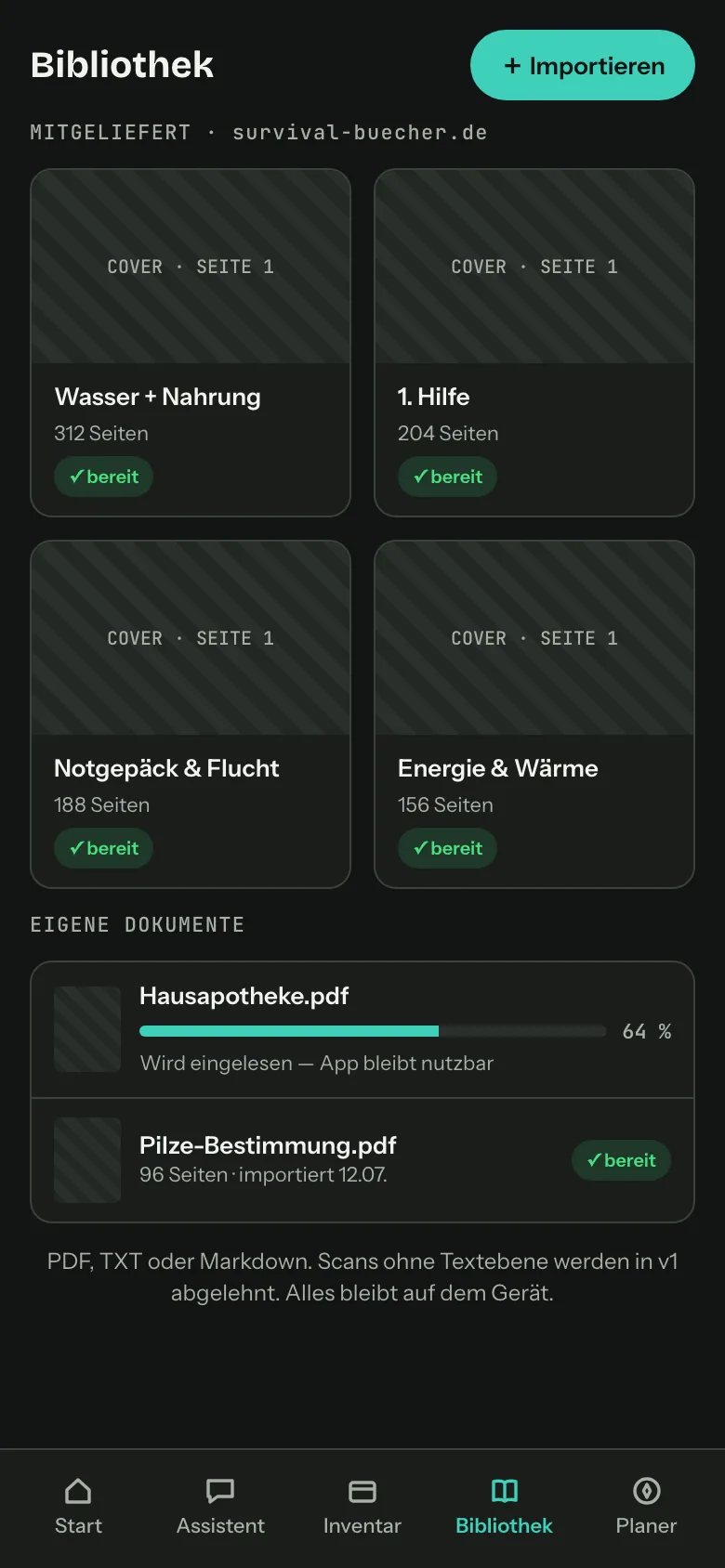 Library screen: imported documents with covers, language badges and page counts.