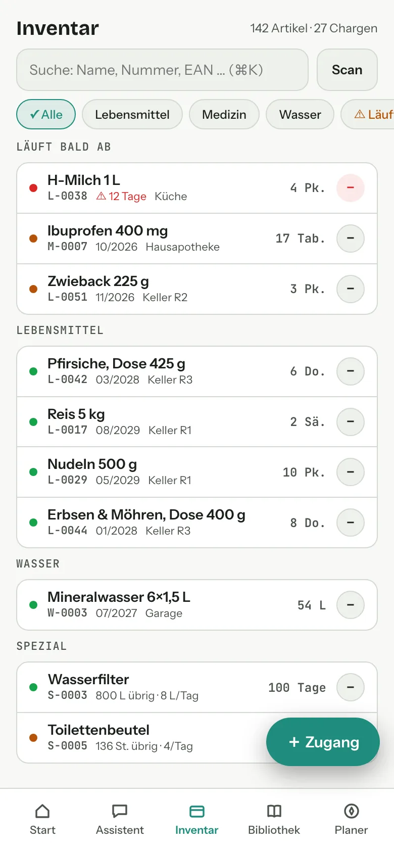 The same inventory in light mode, with the same status dots on a paper background.