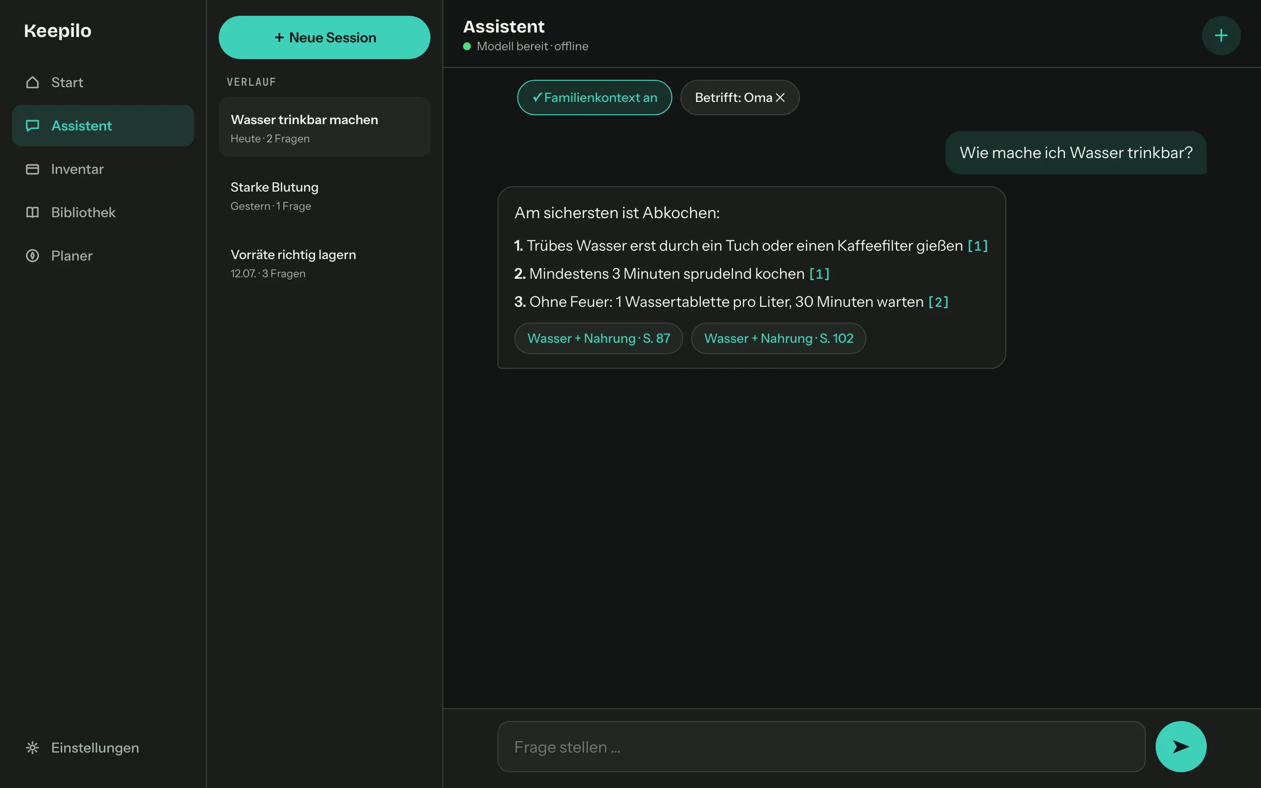 Keepilo assistant on a desktop with sidebar navigation, session history and an answer carrying two source chips.