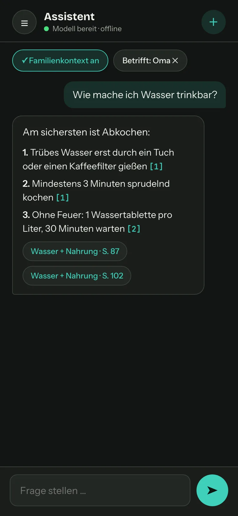 Assistant screen: how to make water drinkable, answered in three numbered steps with source chips for page 87 and 102.