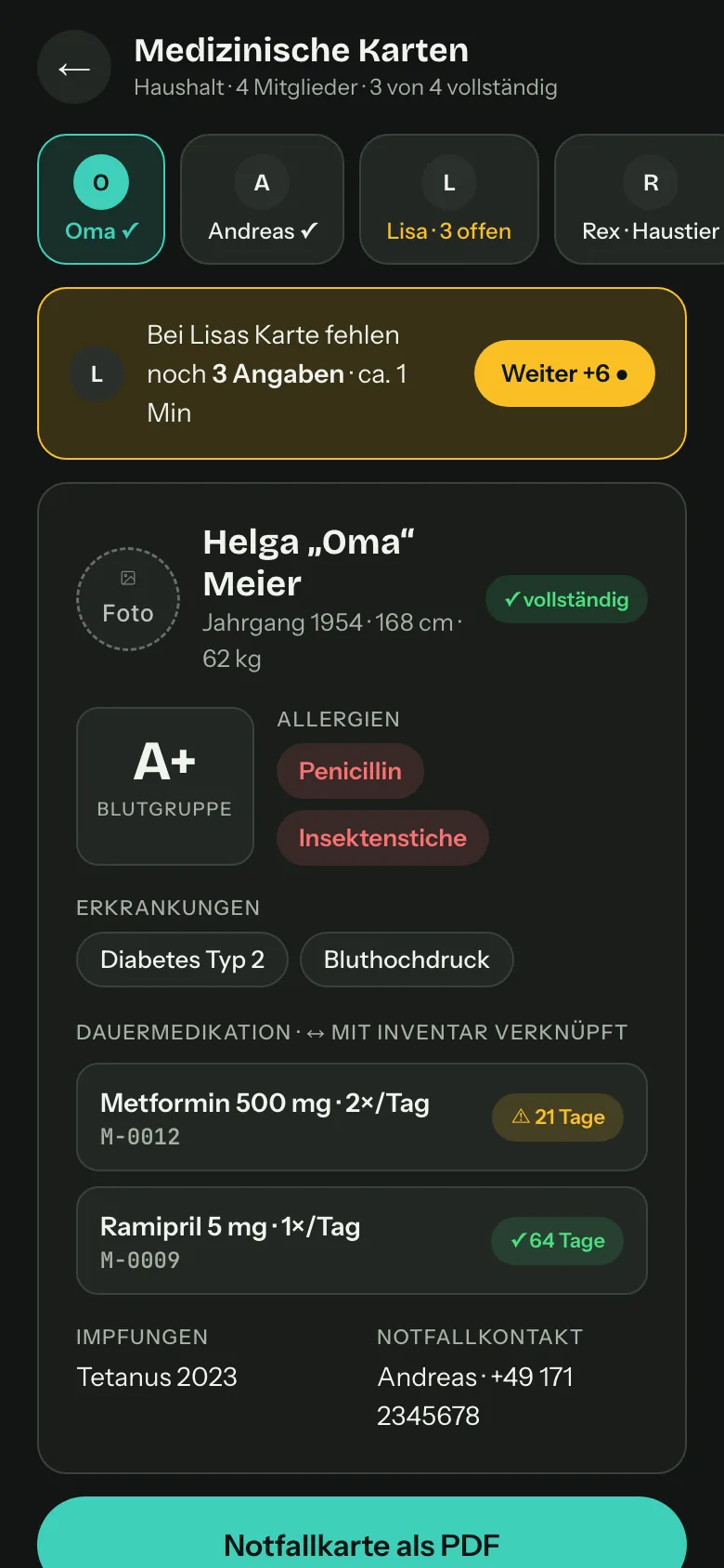 Medical card screen: blood type, allergies, chronic conditions and long-term medication with the range in days.