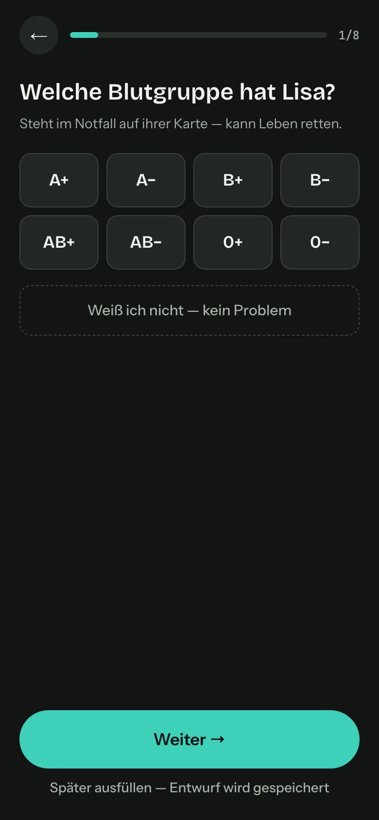 Wizard screen: one question per screen with a skip option and visible progress.