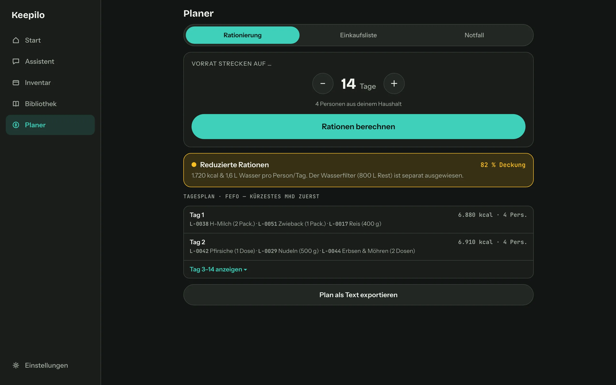 Planner on a desktop with sidebar navigation and a wide day-by-day plan.
